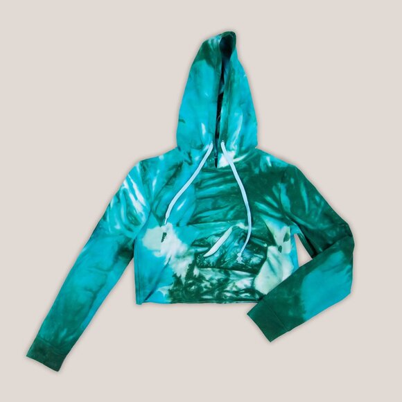 Anuket Tie Dye Hoodie Crop Top in Teal + Green Hand Dyed by Akasha Sun - Picture 1 of 2